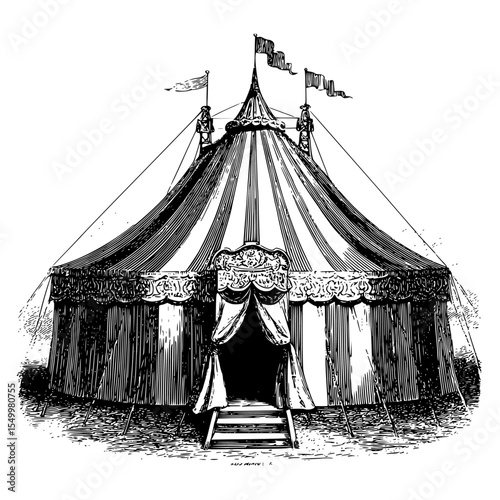 a black and white drawing of a circus tent with flags black, drawing, flag, illustration, old, tent , Generative art.