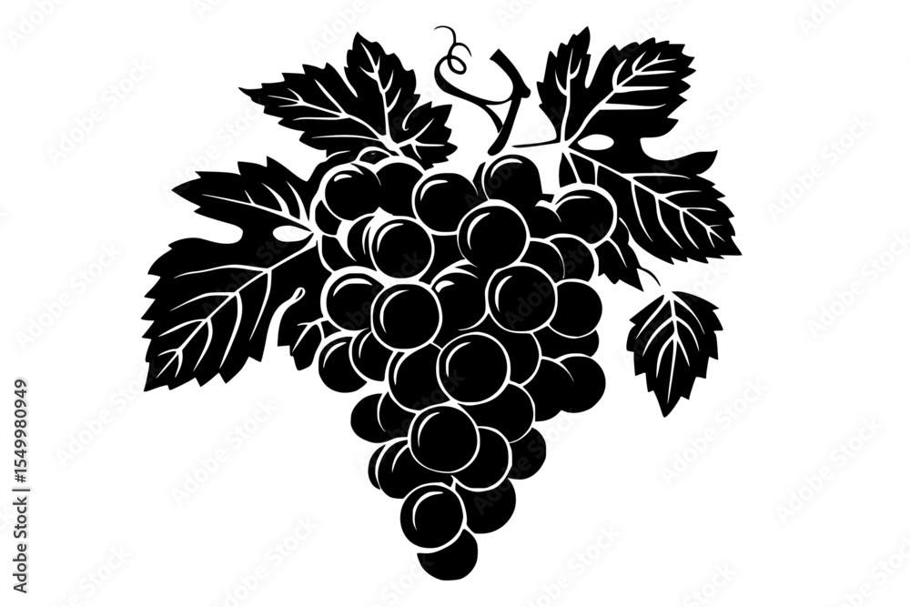 Obraz premium a black silhouette of a branch of grapes with a leaf in a simple style berry, black, branch, grape, icon, leaf, silhouette, style, vine , Generative art.