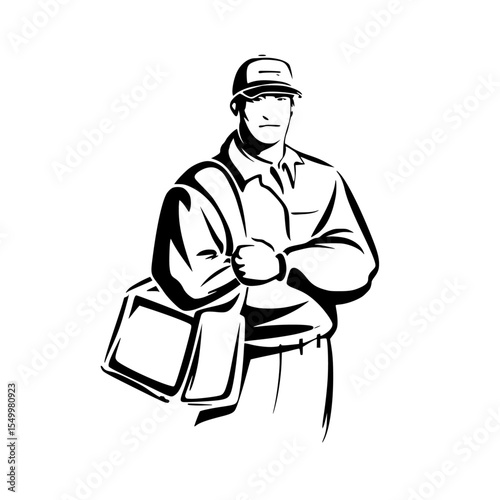 a black and white drawing of a man in a coat and hat holding a bag arm, bag, black, coat, drawing, hand, hat, hold, illustration, man , Generative art.