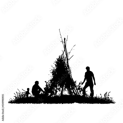 a silhouette of a family with a child sitting on the ground and a man walking a dog in the grass child, couple, dog, family, grass, man, people, silhouette, sit, tree, walk, wood , Generative art.