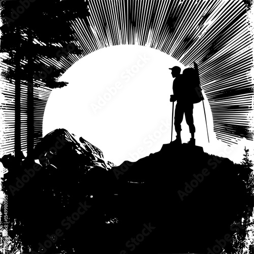 black and white silhouette of a person standing on top of a mountain black, hill, man, mountain, person, silhouette, stand, sun , Generative art.