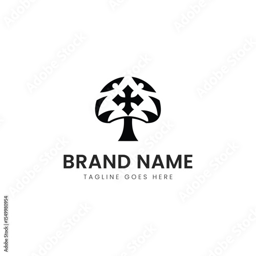 A stylized black tree logo with interconnected elements, symbolizing growth and unity, complemented by the text 'Brand Name' and a tagline below.
