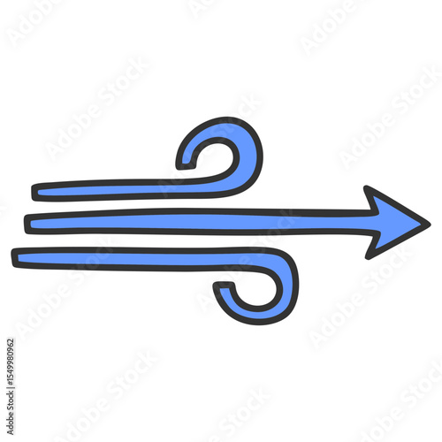 Blue wind icon with curved swirl and arrow, weather breeze air symbol