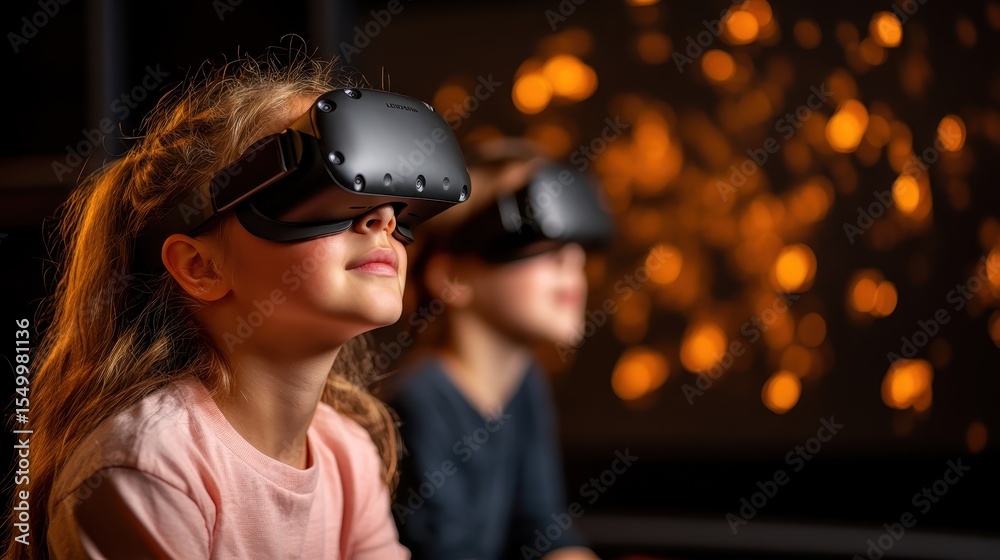 Fototapeta premium Two children wearing VR headsets immerse themselves in a virtual world, showcasing the impact of technology on play and learning in today's digital and imaginative environments.