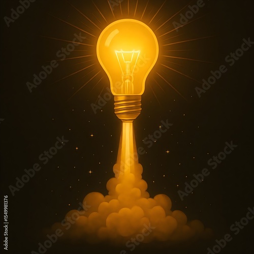 Creative Light Bulb Rocket Launch Concept Symbolizing Innovation and Startup Ideas on Dark Background with Golden Sparkles