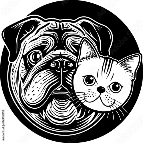 Vector of dog face (à¸ºbulldog) and cat face design on a black background. Pet. Animal. Dog and cat logo or icon. Easy editable layered vector illustration.
