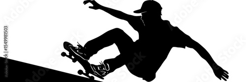 a black and white silhouette of a man riding a skateboard on a ramp black, jump, man, person, ramp, ride, silhouette, skateboard, skateboarder , Generative art.