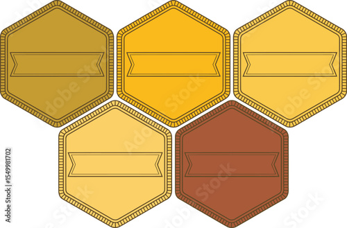 Vector badges set gold bronze hexagon shapes with ribbon banner design element for graphic projects editable stock vector illustration