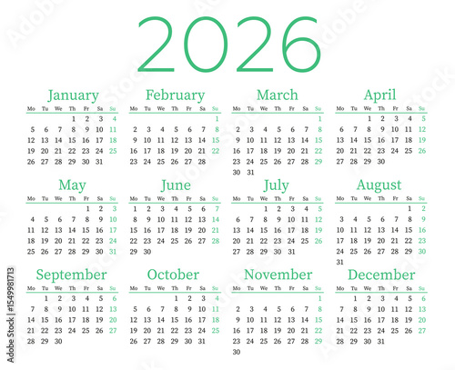 Calendar in English for 2026. Week starts on Monday