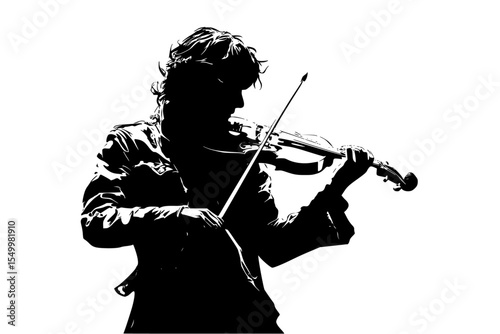a black and white photo of a man playing an instrument black, instrument, man, photo, play, silhouette, violin, violinist , Generative art.