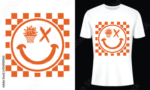 Trendy Orange Smiley Face Basketball T-shirt Design featuring Checkered Background perfect for streetwear apparel