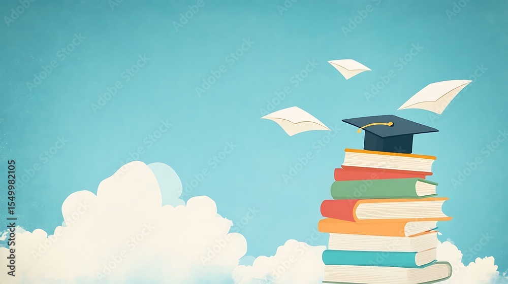 Fototapeta premium Graduation cap books and flying papers