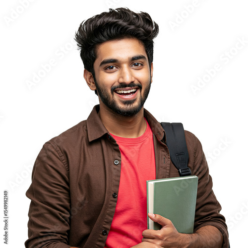 Portrait of a Happy Young Indian College Student with Backpack and Book Smiling at Camera on Isolated Background