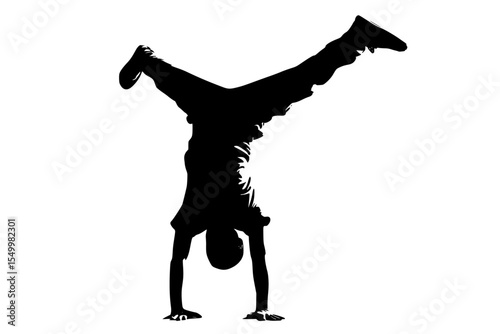 a black silhouette of a man doing a handstand black, handstand, leg, man, silhouette, stand , Generative art.