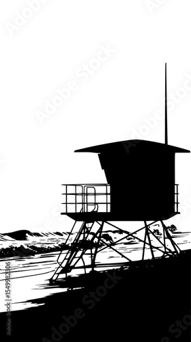 a black and white drawing of a tower on stilts on the beach beach, black, drawing, illustration, silhouette, stilt, tower, water , Generative art.