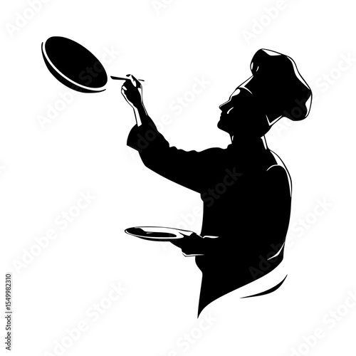 a black and white silhouette of a man holding a pan with a frisbee black, frisbee, frying pan, hat, hold, magnifying glass, man, pan, pancake, silhouette, skillet , Generative art.