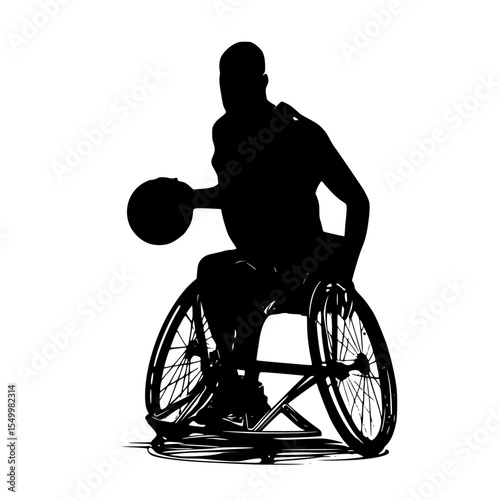 black silhouette of a man in a wheelchair with a basketball ball, basketball, basketball player, black, man, silhouette, wheelchair , Generative art.