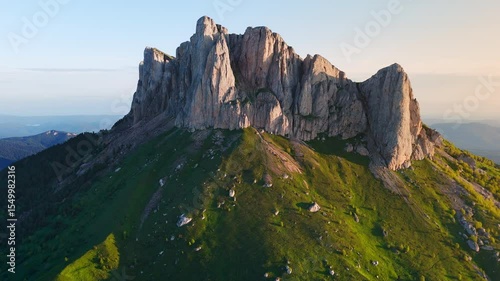 Panoramic drone view of Bolshoy Tkhach mount in Caucasus with sunset or sunrise