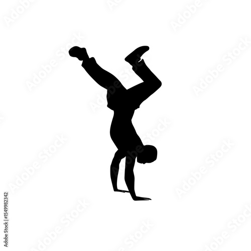 a black silhouette of a man doing a handstand on a white background ball, black, dance, handstand, leg, man, silhouette , Generative art.