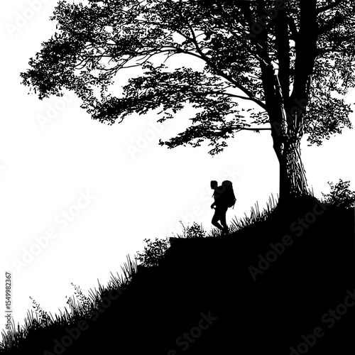 black and white silhouette of a woman with a backpack walking with a child on a hill backpack, black, child, couple, hill, people, person, run, silhouette, tree, walk, woman , Generative art.