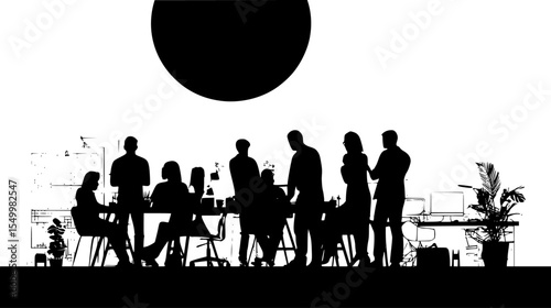black and white silhouette of business people standing at a table black, business people, meeting, people, silhouette, stand, table , Generative art.
