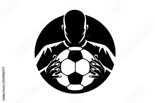 a black silhouette of a soccer player's hands holding a ball ball, black, hand, hold, icon, silhouette, soccer ball , Generative art.
