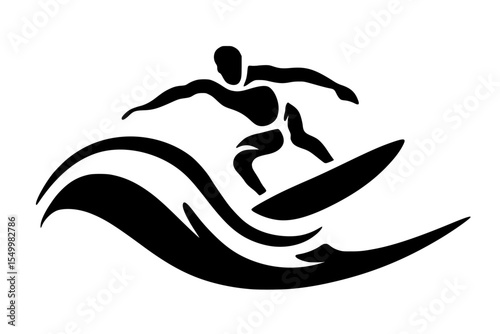 a black silhouette of a man riding a surfboard on a wave black, board, man, ride, silhouette, surf, surfboard, surfer, wave , Generative art.