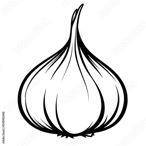 a black and white illustration of an onion, drawn in outline black, draw, drawing, garlic, illustration, onion, outline, silhouette , Generative art.
