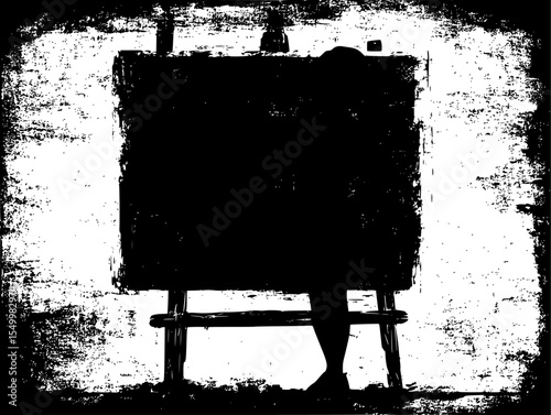 a black and white image of a person sitting on a wooden chair in front of an easel art, black, chair, easel, image, painting, person, photo, picture, silhouette, sit, sit on, wooden , Generative art.