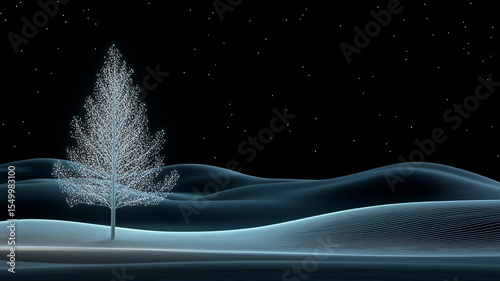 Mystical white fractal tree growing from smooth glowing hills of light in dark space. Artistic and serene winter abstraction, perfect for seasonal design.