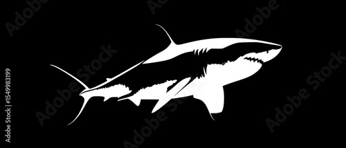 a black and white illustration of a shark black, illustration, shark, silhouette, white , Generative art.