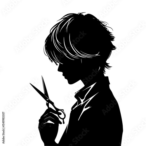 a black and white silhouette of a young woman holding scissors black, girl, hold, scissor, silhouette, woman, young , Generative art.