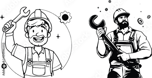 Worker with Wrench Silhouette Vector Set – Industrial Labor Scenes with Tools and Gears in Black and White