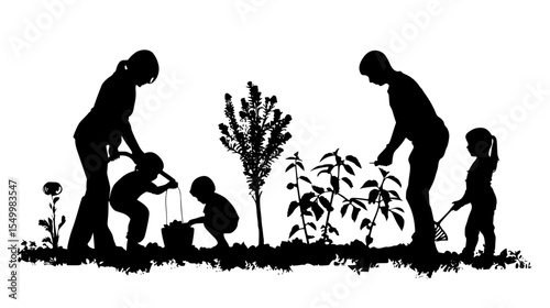 a black silhouette of a family working in the garden black, child, family, garden, plant, silhouette, tree, work , Generative art.