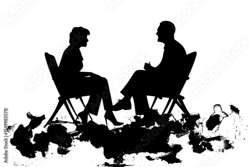a black and white image of a man and woman sitting in chairs black, chair, couple, image, man, people, silhouette, sit, sit in, woman , Generative art.