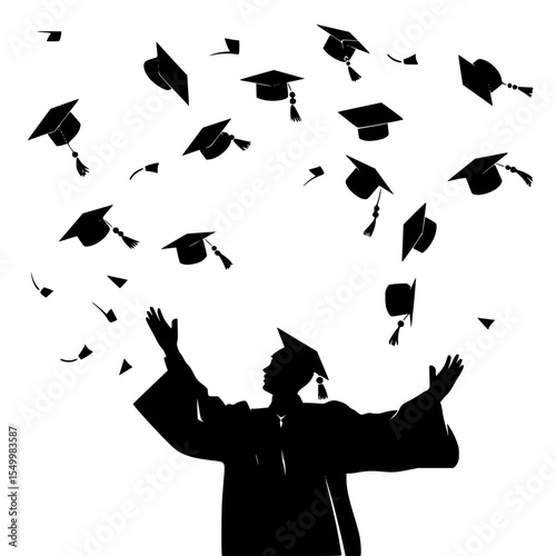 silhouette of a graduate throwing his cap and gown up into the air as a man throwing his hat into the air cap, fly, gown, graduate, graduation, hat, man, silhouette, student, throw , Generative art.