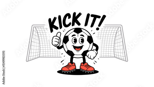 Soccer Ball's Enthusiastic Greeting: A vibrant soccer ball character, brimming with enthusiasm, gives a thumbs up. Set against a goal, it's an invitation to the game.