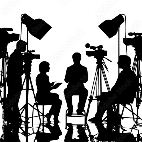 a group of people sitting in front of a camera black, camera, people, silhouette , Generative art.