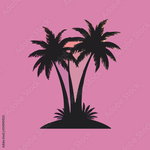 Black vector two palm tree silhouette icon.Black Silhouette Two Palm Trees

