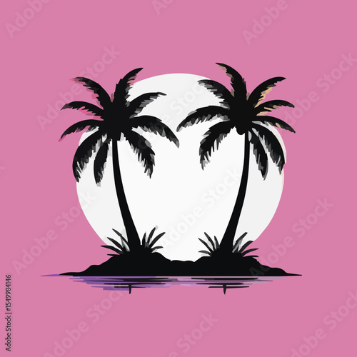 Black vector two palm tree silhouette icon.Black Silhouette Two Palm Trees
