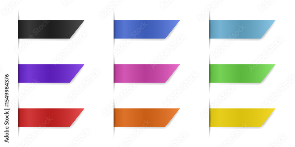 Fototapeta premium Set of rectangular bookmarks. Thin strips of paper can be inserted into a book or magazine. Horizontal orientation. Multicolored labels with shadows. Вeveled shape