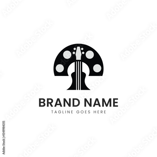 A minimalist logo design featuring a stylized guitar silhouette, harmonizing music and creativity in a modern black and white aesthetic.