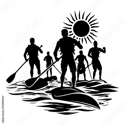 a black and white illustration of people standing in a boat with paddles black, boat, illustration, man, paddle, people, silhouette, stand, sun, water , Generative art.