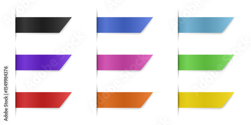 Set of rectangular bookmarks. Thin strips of paper can be inserted into a book or magazine. Horizontal orientation. Multicolored labels with shadows. Вeveled shape