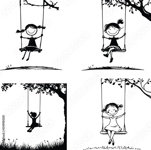 Kids on Swing Silhouette Vector Set – Playful Tree-Hung Swings with Diverse Child Poses in Black and White