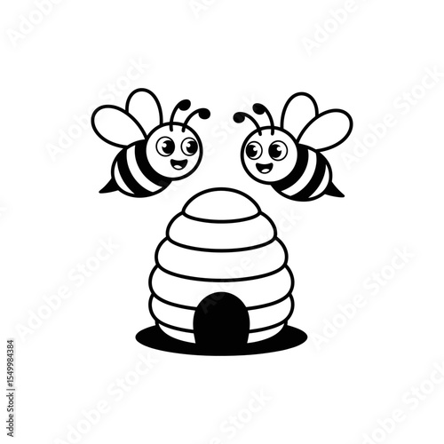 Cute Bees and Hive: Two adorable cartoon bees hover happily above their beehive, a charming illustration perfect for children's books, educational materials, or honey-themed projects.