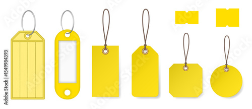 Set of yellow price tags and keyrings. Price stickers. Luggage tag. Cardboard label for clothes. Key tags with split ring and window. Keychains