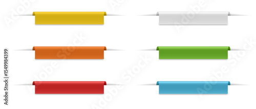 Set of short and wide labels with shadows. Bent bookmarks for marking pages. Multicolored paper sheets