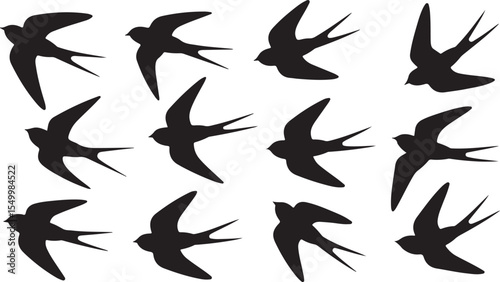 Collection of Swallow Bird Silhouettes in Flight on Checkered Field