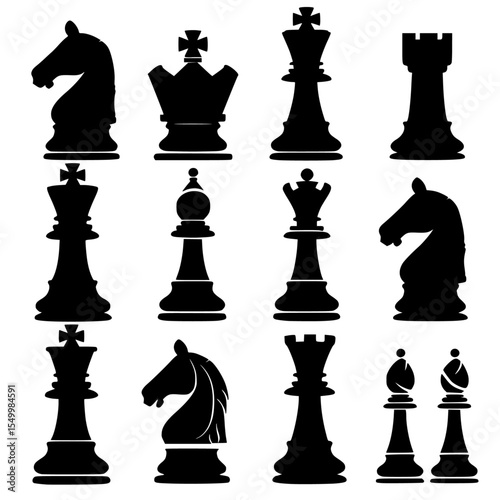 black silhouettes of chess pieces on a white background black, horse, silhouette , Generative art.